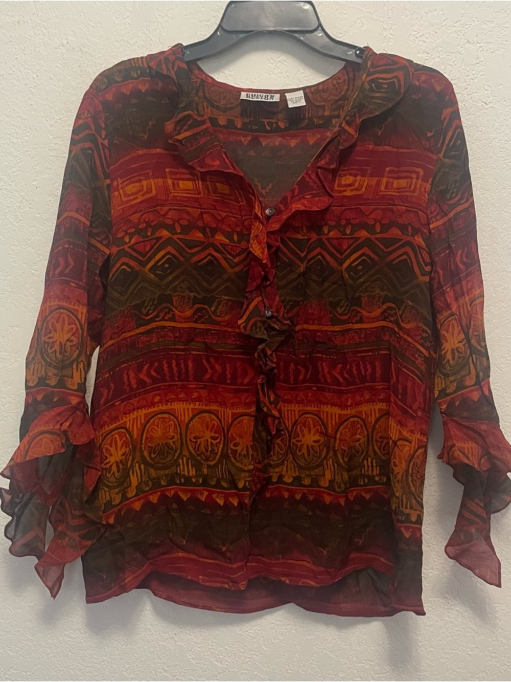 Chico's Design red orange tribal print ruffled neckline 3/4 ruffled sleeves Sz M